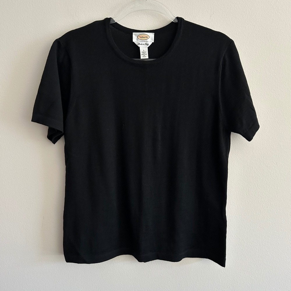 Talbots Sweater Top Black L Short Sleeve Merino Wool Viscose Made in Italy
